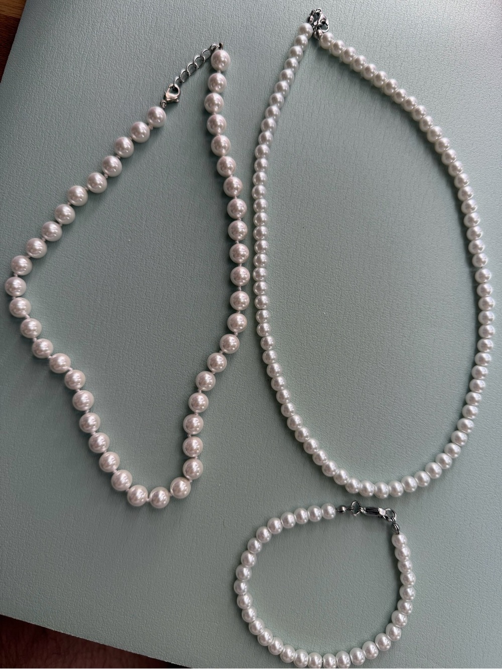 3-Piece Faux Pearl Jewelry Set – 2 Necklaces & Bracelet – Silver Tone